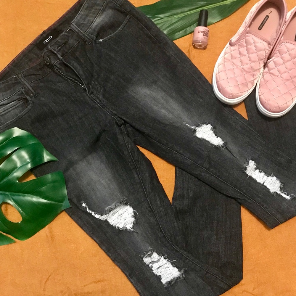 Cello Deep Grey Denim Distressed Jeans